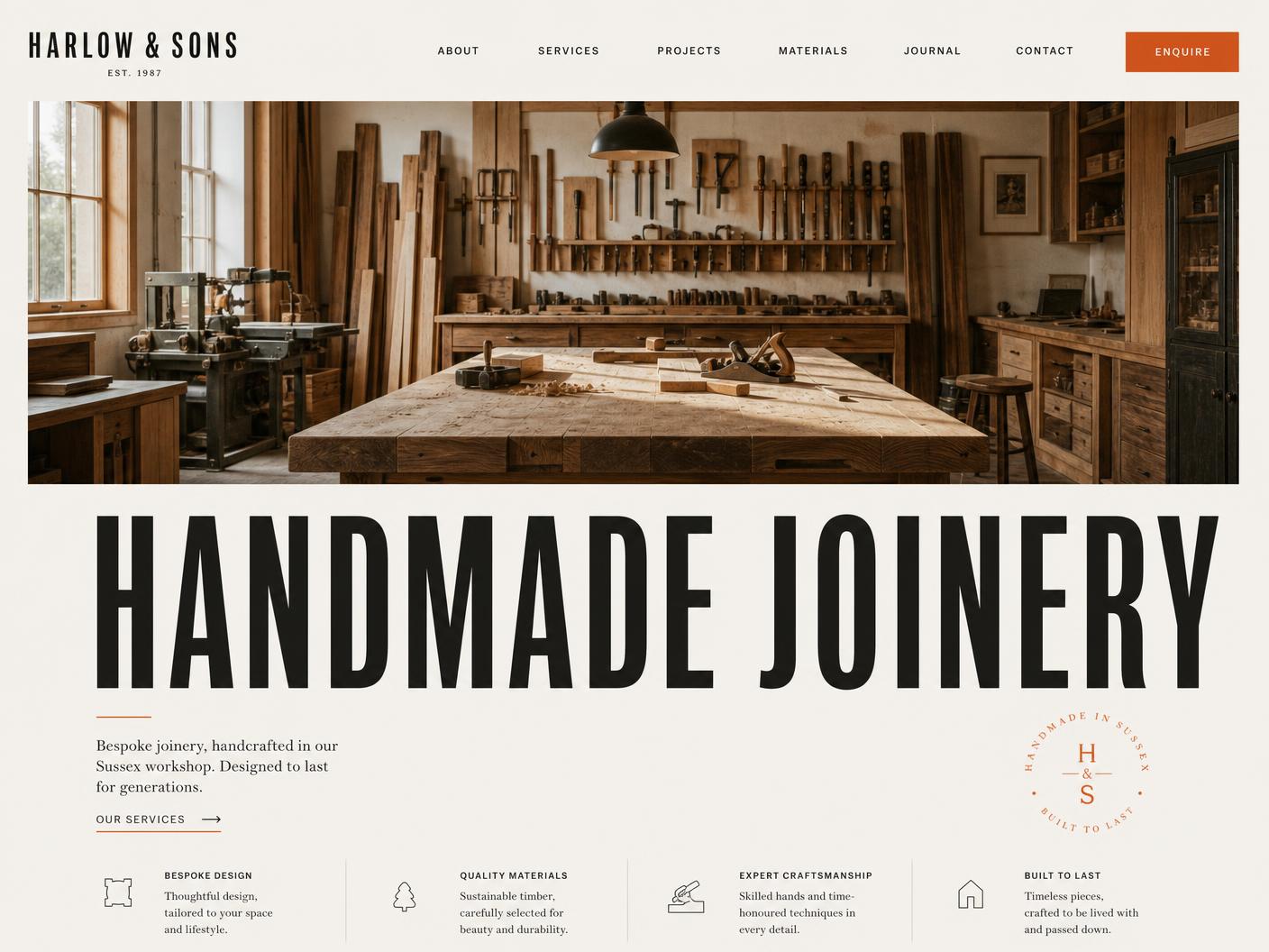 Website designed for an illustrative joinery business, shown at desktop width